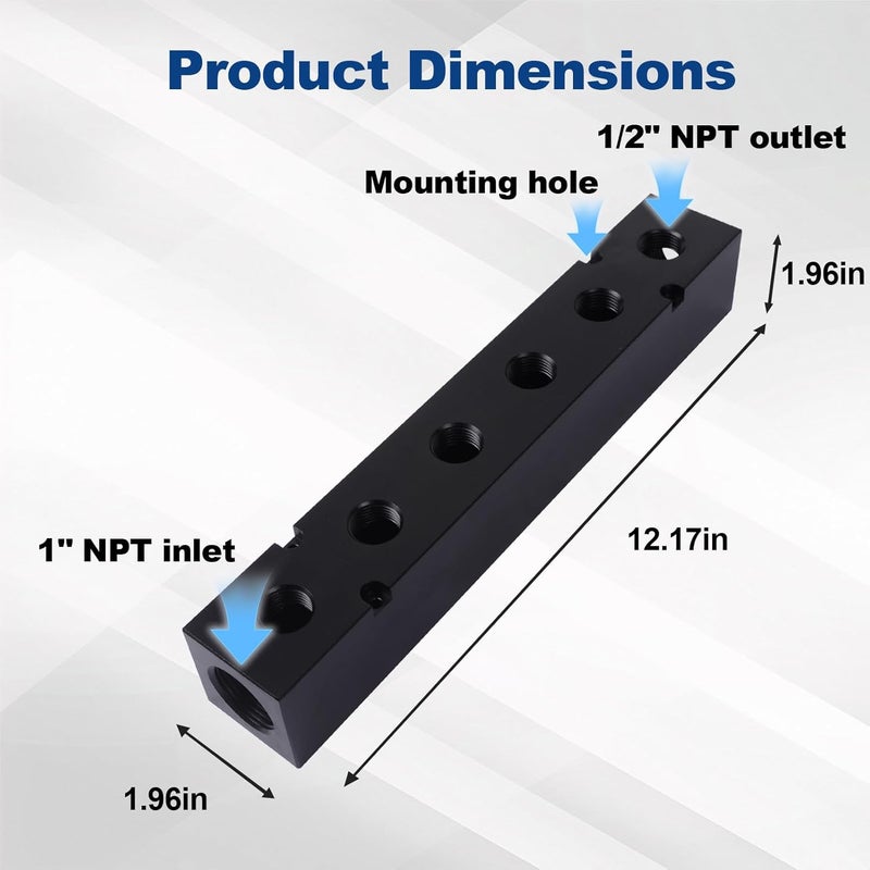MARSTEK High Flow Air Manifold, Air Compressor Manifold, Air Hose Inline Manifold Block Splitter, Pneumatic Manifold Air Distribution Block, NPT 1 Inch Supply Port, NPT 1/2 Inch Output Port (6 Way 8 Port) - Image 4